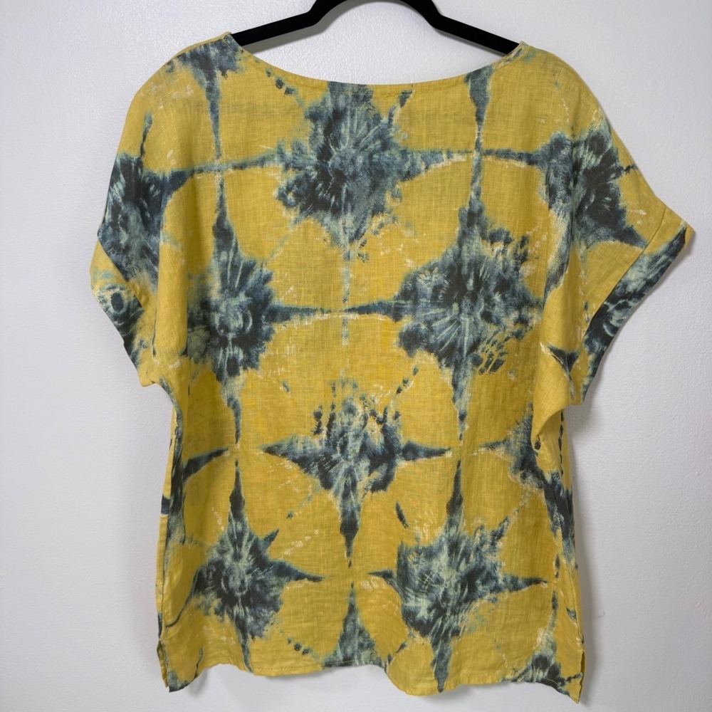 Bellambra Made in Italy 100% Linen Top Mustard Teal Shibori Print Womens Large - Picture 6 of 11